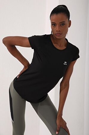 Siyah Sırt Pencereli Kısa Kol Standart Kalıp O Yaka Kadın T-Shirt - 97101 | XL