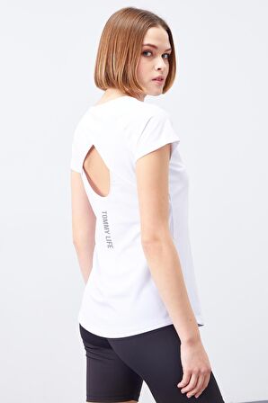 Beyaz Sırt Pencereli Kısa Kol Standart Kalıp O Yaka Kadın T-Shirt - 97101 | XL