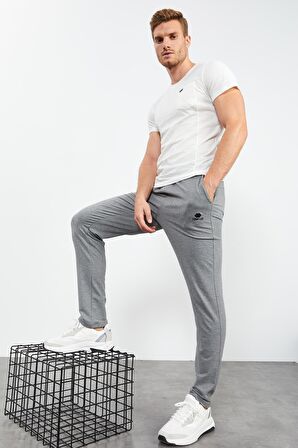Gri Melanj Bağcıklı Cepli Standart Kalıp Klasik Paça Erkek Eşofman Alt - 84682 | L