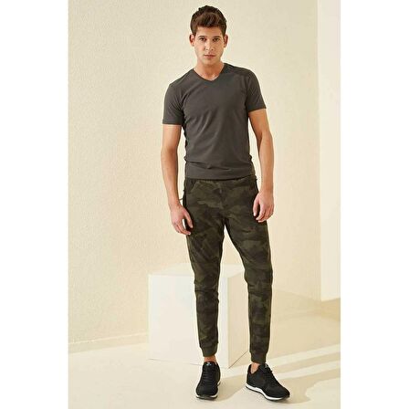Haki Kamuflaj Desenli Dar Kalıp  Jogger Erkek Eşofman Alt - 84754 | L