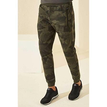 Haki Kamuflaj Desenli Dar Kalıp  Jogger Erkek Eşofman Alt - 84754 | L