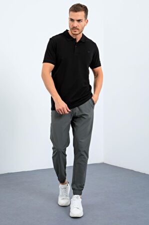 Siyah Basic Logolu Standart Kalıp Triko Polo Yaka Erkek T-Shirt - 87748 | M