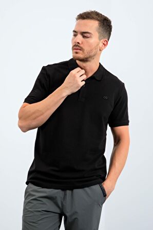 Siyah Basic Logolu Standart Kalıp Triko Polo Yaka Erkek T-Shirt - 87748 | M