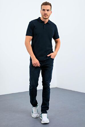 Lacivert Basic Logolu Standart Kalıp Triko Polo Yaka Erkek T-Shirt - 87748 | XXL
