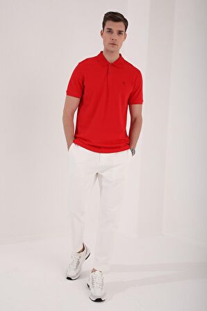 Kırmızı Basic Logolu Standart Kalıp Triko Polo Yaka Erkek T-Shirt - 87748 | S