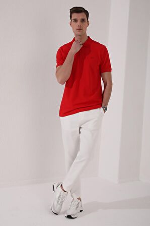Kırmızı Basic Logolu Standart Kalıp Triko Polo Yaka Erkek T-Shirt - 87748 | XXL