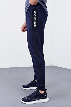 İndigo Çift Biye Şeritli Standart Kalıp Jogger Erkek Eşofman Alt - 84694 | S