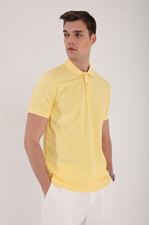 Sarı Basic Logolu Standart Kalıp Triko Polo Yaka Erkek T-Shirt - 87748 | XXL