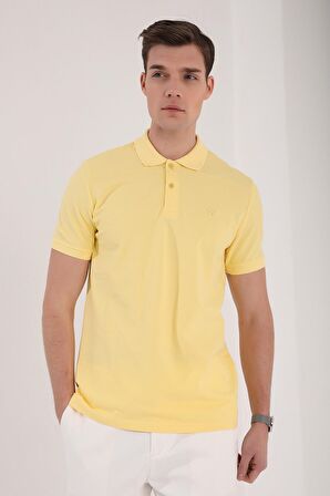 Sarı Basic Logolu Standart Kalıp Triko Polo Yaka Erkek T-Shirt - 87748 | XXL