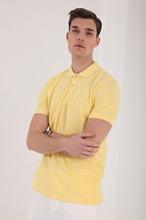 Sarı Basic Logolu Standart Kalıp Triko Polo Yaka Erkek T-Shirt - 87748 | XXL