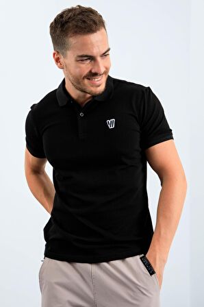 Siyah Basic Göğüs Logolu Standart Kalıp Triko Polo Yaka Erkek T-Shirt - 87768 | XL
