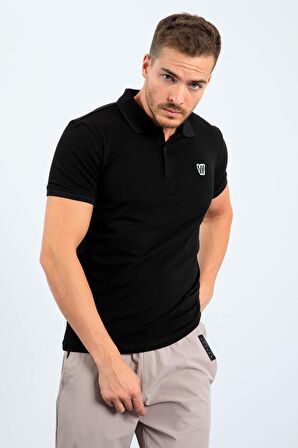 Siyah Basic Göğüs Logolu Standart Kalıp Triko Polo Yaka Erkek T-Shirt - 87768 | XL