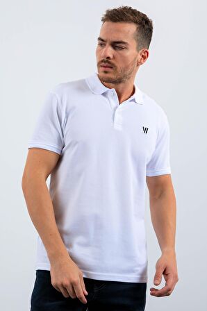 Beyaz Basic Göğüs Logolu Standart Kalıp Triko Polo Yaka Erkek T-Shirt - 87768 | L