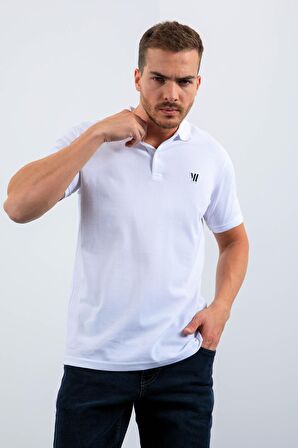 Beyaz Basic Göğüs Logolu Standart Kalıp Triko Polo Yaka Erkek T-Shirt - 87768 | L