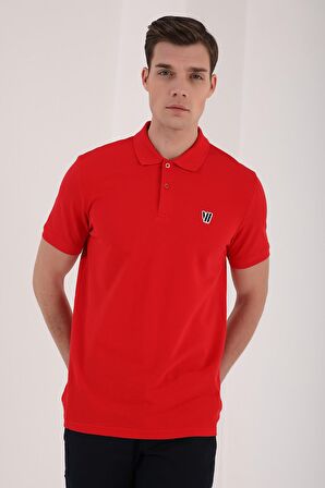 Kırmızı Basic Göğüs Logolu Standart Kalıp Triko Polo Yaka Erkek T-Shirt - 87768 | S
