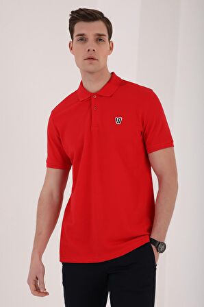 Kırmızı Basic Göğüs Logolu Standart Kalıp Triko Polo Yaka Erkek T-Shirt - 87768 | S