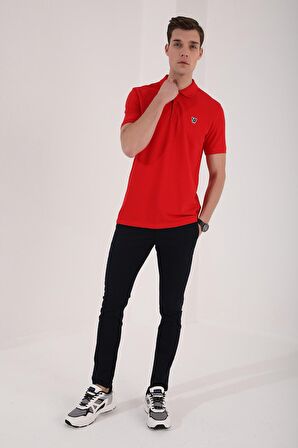 Kırmızı Basic Göğüs Logolu Standart Kalıp Triko Polo Yaka Erkek T-Shirt - 87768 | S