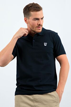 Lacivert Basic Göğüs Logolu Standart Kalıp Triko Polo Yaka Erkek T-Shirt - 87768 | L