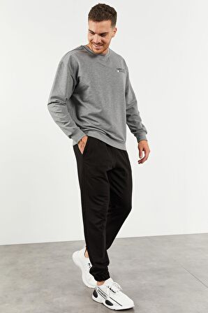 Gri Melanj - Siyah Casual O Yaka Lastik Paça Erkek Oversize Eşofman Takımı - 85120 S
