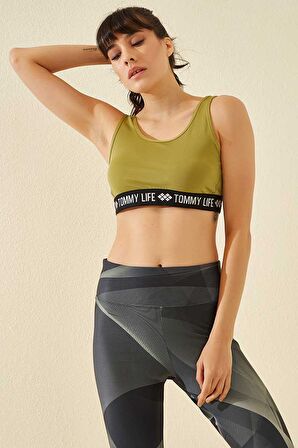 Tommy Life Yağ Yeşili Yazı Şeritli Standart Kalıp U Yaka Kadın Spor Büstiyer - 97113 | L