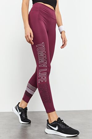 Bordo Yüksek Bel Yazı Baskılı Slim Fit Dar Paça Kadın Tayt - 94544 | M