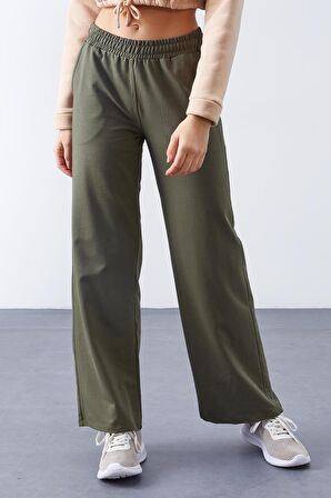 Haki Yüksek Bel Cepli Rahat Form Geniş Paça Kadın Eşofman Alt - 94567 | XL