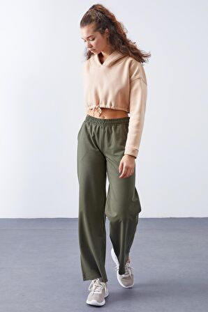 Haki Yüksek Bel Cepli Rahat Form Geniş Paça Kadın Eşofman Alt - 94567 | XL