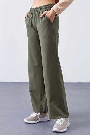 Haki Yüksek Bel Cepli Rahat Form Geniş Paça Kadın Eşofman Alt - 94567 | XL