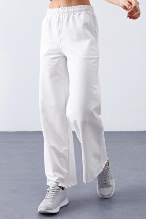 Ekru Yüksek Bel Cepli Rahat Form Geniş Paça Kadın Eşofman Alt - 94567 | S