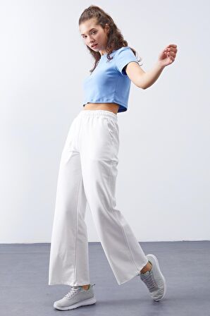 Ekru Yüksek Bel Cepli Rahat Form Geniş Paça Kadın Eşofman Alt - 94567 | S