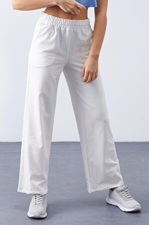 Ekru Yüksek Bel Cepli Rahat Form Geniş Paça Kadın Eşofman Alt - 94567 | S