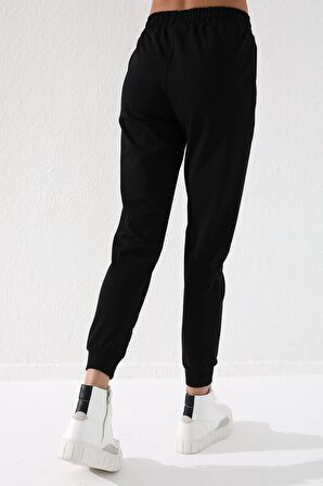Siyah Yüksek Bel Jogger Rahat Form Manşetli Kadın Eşofman Alt - 94561 | XL