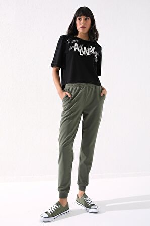 Haki Yüksek Bel Jogger Rahat Form Manşetli Kadın Eşofman Alt - 94561 | XL