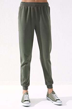 Haki Yüksek Bel Jogger Rahat Form Manşetli Kadın Eşofman Alt - 94561 | XL