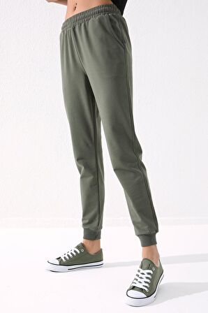 Haki Yüksek Bel Jogger Rahat Form Manşetli Kadın Eşofman Alt - 94561 | XL