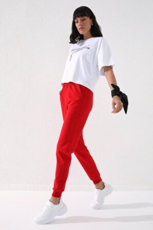 Kırmızı Yüksek Bel Jogger Rahat Form Manşetli Kadın Eşofman Alt - 94561 | XS