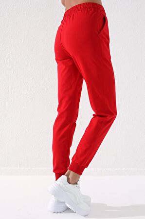 Kırmızı Yüksek Bel Jogger Rahat Form Manşetli Kadın Eşofman Alt - 94561 | XS