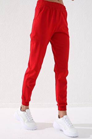 Kırmızı Yüksek Bel Jogger Rahat Form Manşetli Kadın Eşofman Alt - 94561 | XS