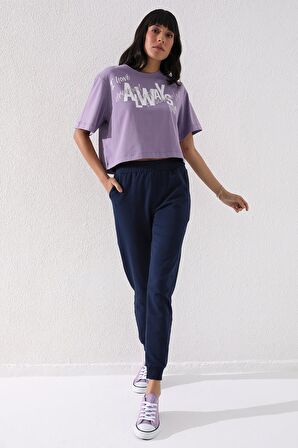 İndigo Yüksek Bel Jogger Rahat Form Manşetli Kadın Eşofman Alt - 94561 | M