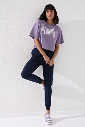 İndigo Yüksek Bel Jogger Rahat Form Manşetli Kadın Eşofman Alt - 94561 | S