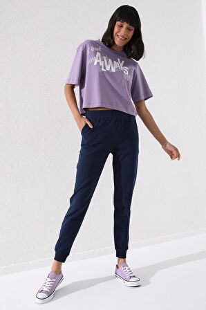 İndigo Yüksek Bel Jogger Rahat Form Manşetli Kadın Eşofman Alt - 94561 | XL