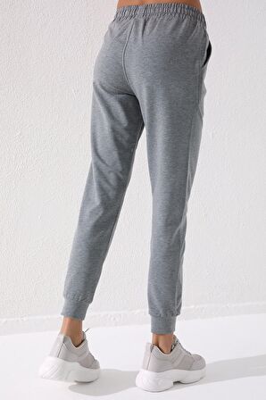 Gri Melanj Yüksek Bel Jogger Rahat Form Manşetli Kadın Eşofman Alt - 94561 | S