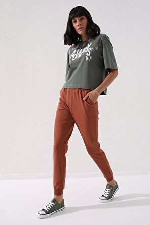 Tarçın Yüksek Bel Jogger Rahat Form Manşetli Kadın Eşofman Alt - 94561 | XS