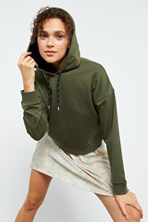 Haki Uzun Kol Rahat Form Kapüşonlu Kadın Sweatshirt - 97115 | XXL