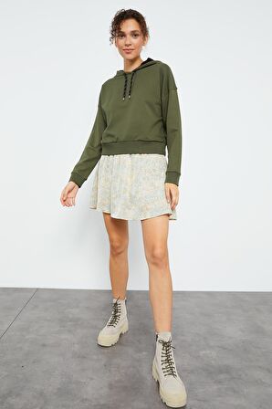 Haki Uzun Kol Rahat Form Kapüşonlu Kadın Sweatshirt - 97115 | XXL