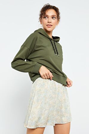 Haki Uzun Kol Rahat Form Kapüşonlu Kadın Sweatshirt - 97115 | XXL