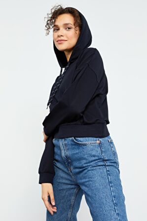 Lacivert Uzun Kol Rahat Form Kapüşonlu Kadın Sweatshirt - 97115 | XXL