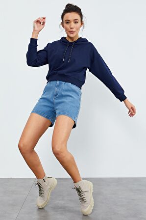 İndigo Uzun Kol Rahat Form Kapüşonlu Kadın Sweatshirt - 97115 | XXL