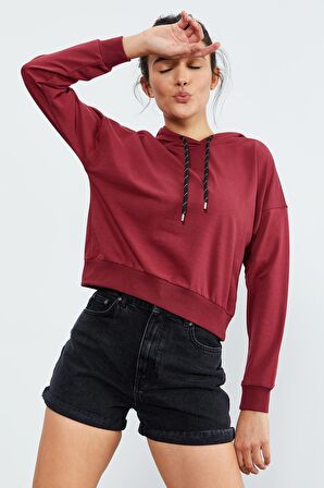 Bordo Uzun Kol Rahat Form Kapüşonlu Kadın Sweatshirt - 97115 | XL