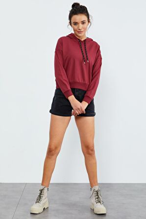 Bordo Uzun Kol Rahat Form Kapüşonlu Kadın Sweatshirt - 97115 | XL